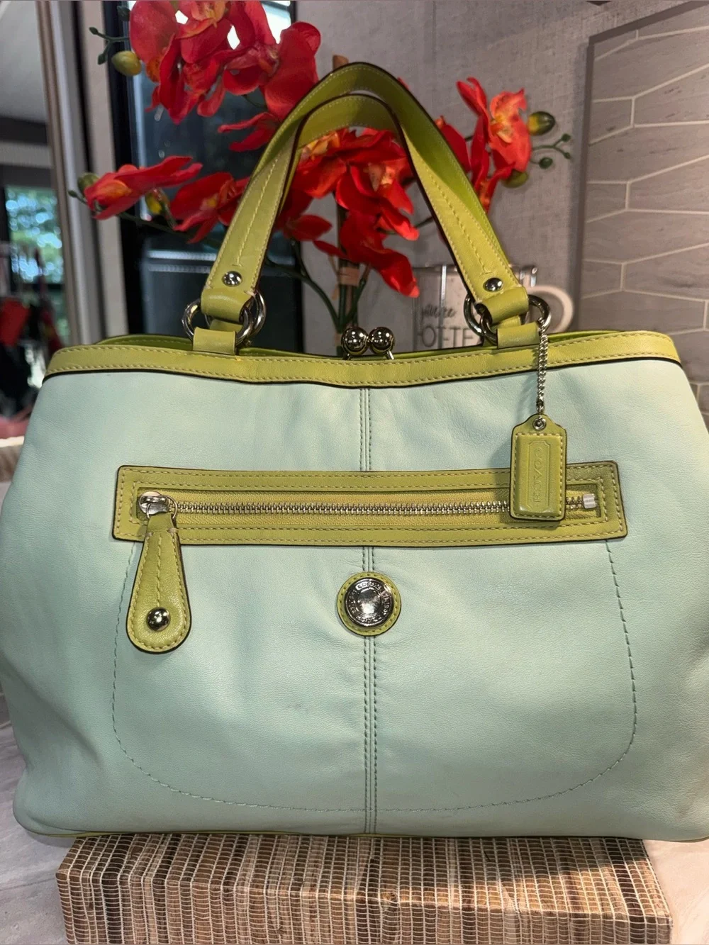 RARE EUC Coach KISS LOCK Two Tone Palette Green Leather with Lime Trim  PRETTY